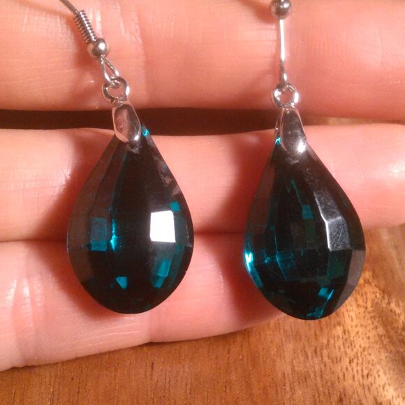 Green Glass Silvertone and Stainless Steel Drop Earrings - Picture 7 of 15